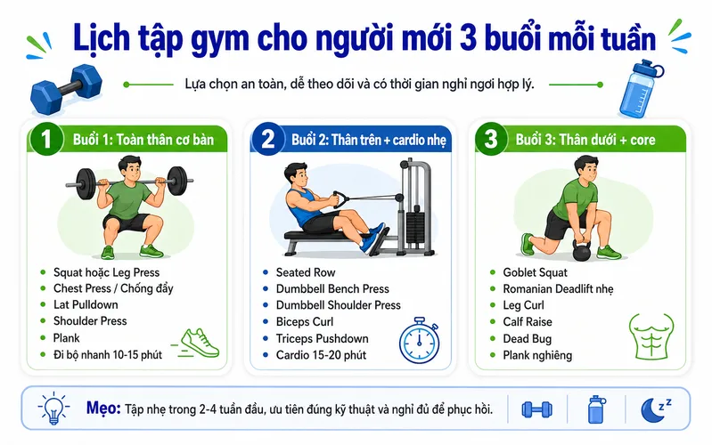 Lịch 3 buổi mỗi tuần phù hợp với người mới bắt đầu, giúp toàn thân được vận động mà vẫn có thời gian nghỉ ngơi.